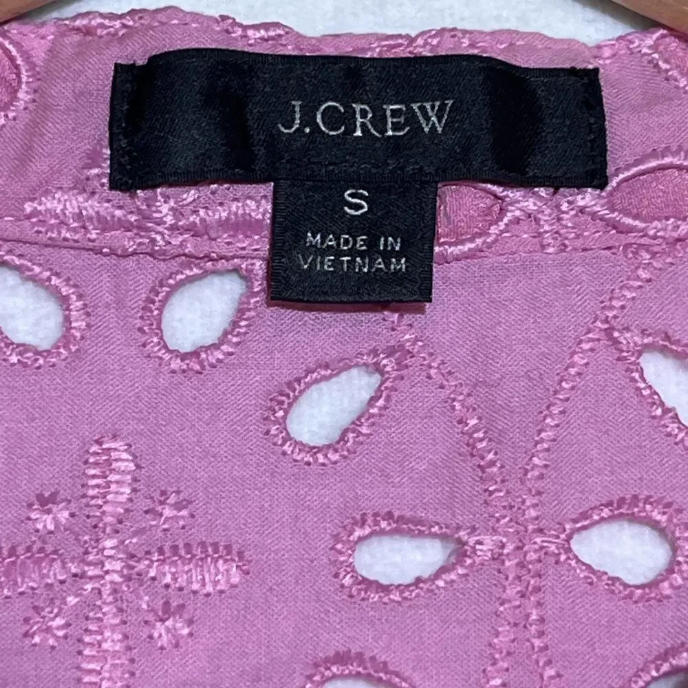 J Crew Puff Sleeve Popover Top in Eyelet Womens Small Pink Embroidered Blouse